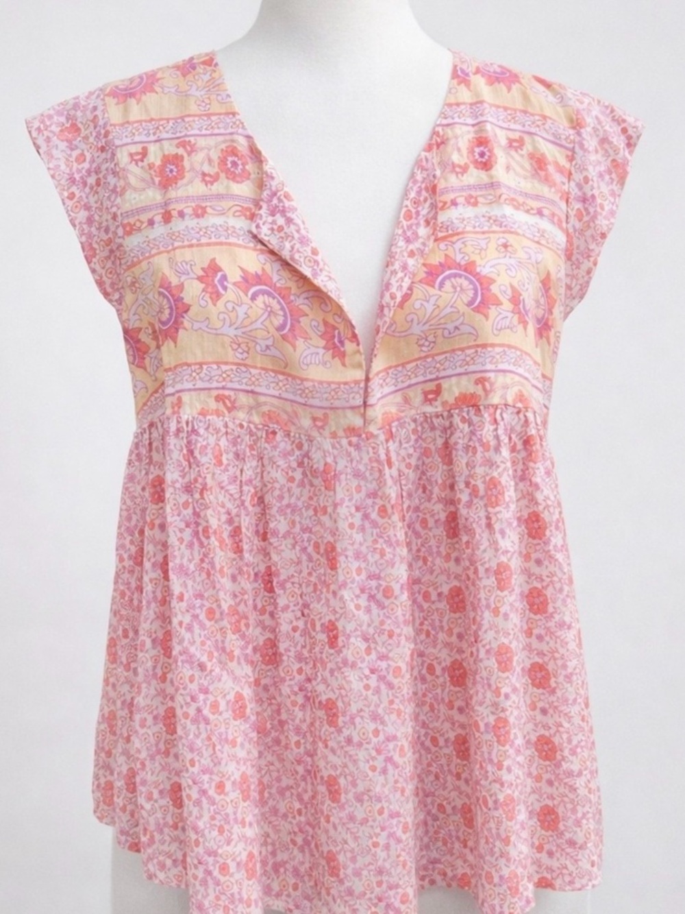 Lucky Brand Floral Boho Peasant Blouse Pink Cotton Modal Flutter Sleeve NWT - Picture 3 of 10